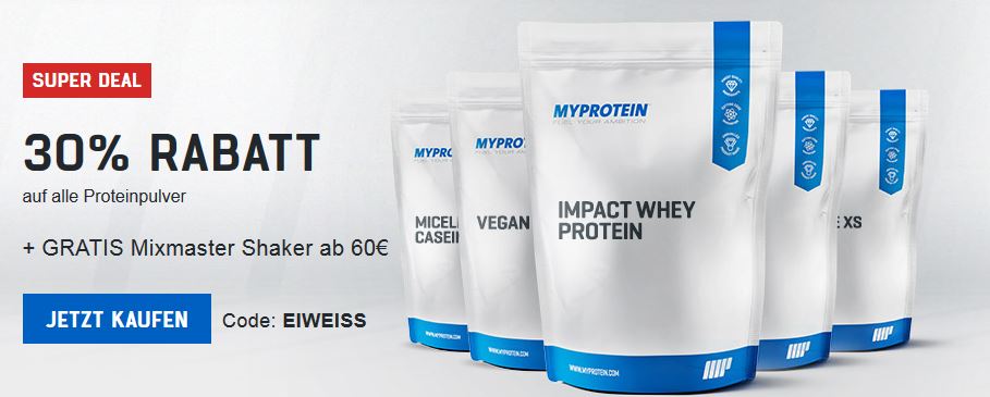 30% Rabatt auf ausgewählte Produkte + MixMaster Shaker bei Myprotein - z.B. 5Kg MyProtein Impact Whey Protein ab 37,93€