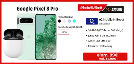 Effektiv umsonst! 🤯 Google Pixel 8 Pro + Google Pixel Buds Pro + 50 GB 5G/LTE o2-Allnet für 34,99€ mtl.