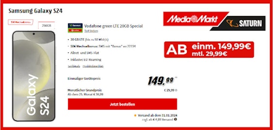 🚀📱 Vorverkauf! Samsung Galaxy S24 im Vodafone green LTE 20GB Tarif für 29,99€/Monat + 50€ Wechselbonus