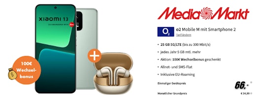 100€ Wechselbonus! Xiaomi 13 5G (256GB) + Xiaomi Buds 4 Pro für 66€ + o2 Mobile M Boost für 34,99€/Monat - 25 GB 5G/LTE, Allnet- & SMS-Flat