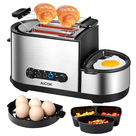 Edelstahl Toaster mit brötchenaufsatz, 2 extra große Schlitze, 7 Bräunungsstufen, 1250 W