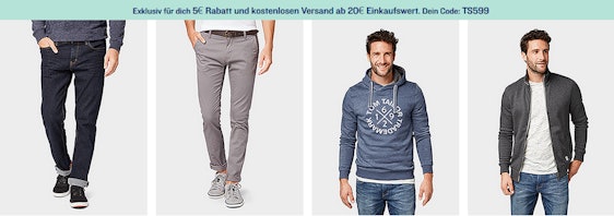 5€ Rabatt und kostenloser Versand bei Tom Tailor - gültig ab 20€ Einkaufswert