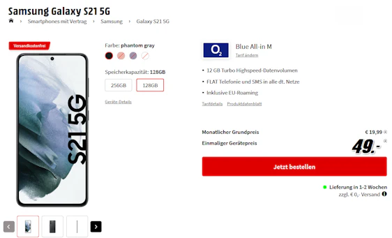 Vorbei! Samsung Galaxy S21 (128GB) im o2 Blue All-in M Tarif für 24€/Monat – 12GB LTE 5G, Allnet- und SMS-Flat, EU-Roaming » 104€ günstiger als Idealo 🤑