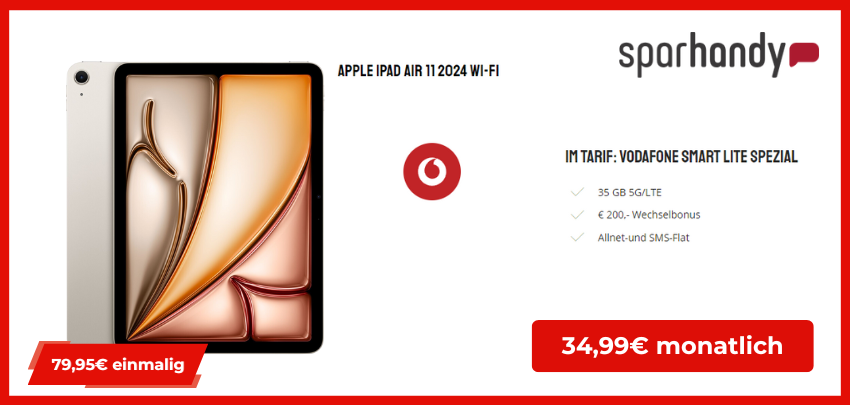 Apple iPad Air 11 (2024 - 128GB) für 79,95€ im 35 GB Vodafone-Tarif für 34,99€/Monat