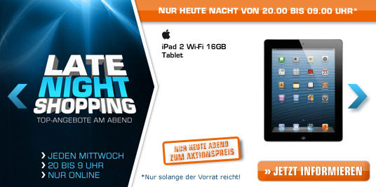 Saturn Late Night Shopping ab 20 Uhr: iPad 2 16GB Wifi, FIFA 13 (PS3, Xbox 360) und 2TB CnMemory Festplatte