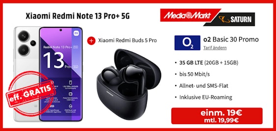 Brandneu & inkl. Kopfhörer! Xiaomi Redmi Note 13 Pro+ 5G + 35 GB LTE o2-Allnet-Flat für 19,99€ mtl.