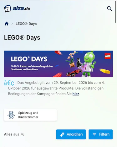 LEGO® Days bei Alza: 5 % bis 20 % Rabatt auf ausgewähltes LEGO-Sortiment