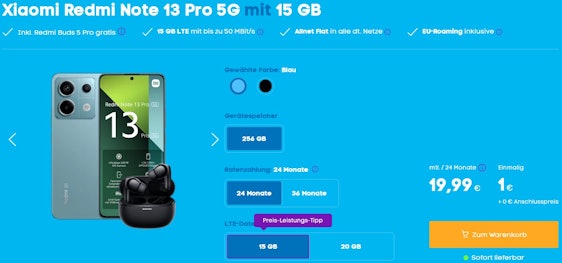 Inkl. Redmi Buds 5 Pro! 🤑 Xiaomi Redmi Note 13 Pro 5G für einmalig 1€ im 15GB o2-Tarif für 19,99€/Monat
