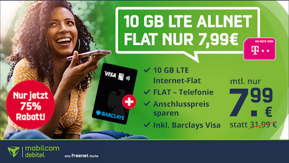 Nur noch bis morgen! mobilcom debitel 10GB Telekom Allnet Flat für 8€/Monat - 10 GB LTE, Allnet- & SMS-Flat, EU-Roaming + Barclays Visa mit 0€ Jahresgebühr