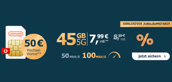 50€ Wechselbonus 📲 45GB Allmobil-Flat im Vodafone-Netz | effektiv nur 5,91€ mtl.