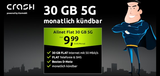 Monatlich kündbar 📱🔥 Crash 30GB 5G Allnet-Flat im Telekom-Netz für 9,99€ mtl.