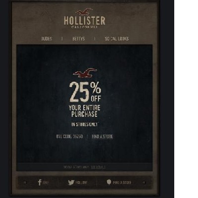 25% auf Alles in allen Hollister Stores