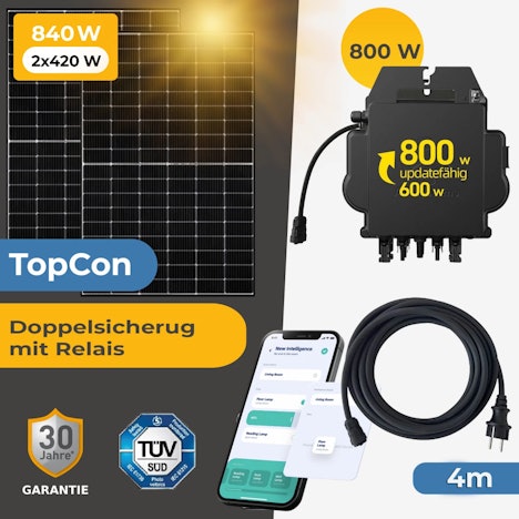TOPCon-Technologie Balkonkraftwerk 840 Watt für 369€ – 2x 420 W Solarmodule & WIFI-Bluetooth-Wechselrichter