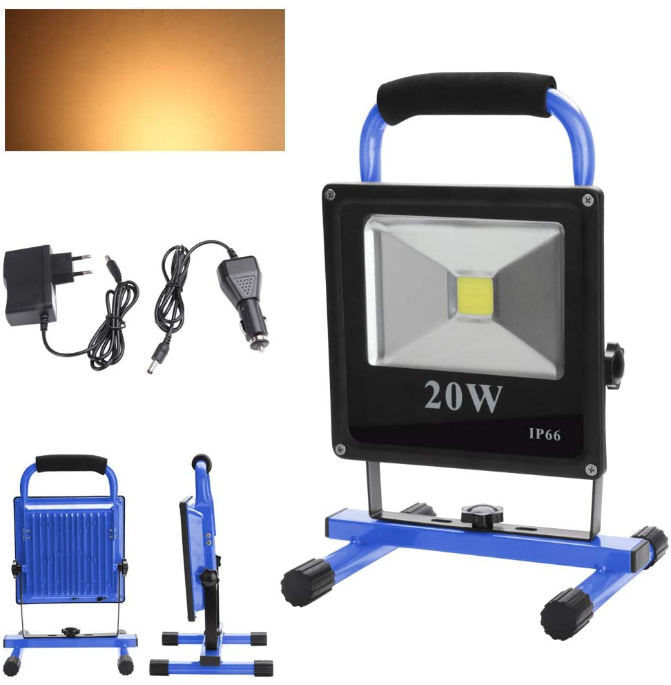 Hengda LED Baustrahler Akku Strahler 20W Warmweiß, Standgestell und Tragegriff für den Innen- und Außenbereich