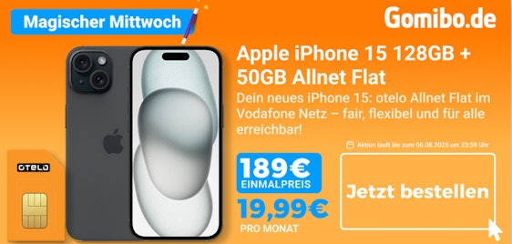 Magic Mittwoch Deal!🤩 Apple iPhone 15 für einmalig 189€ im 50GB 5G Otelo Tarif für 19,99€ mtl.