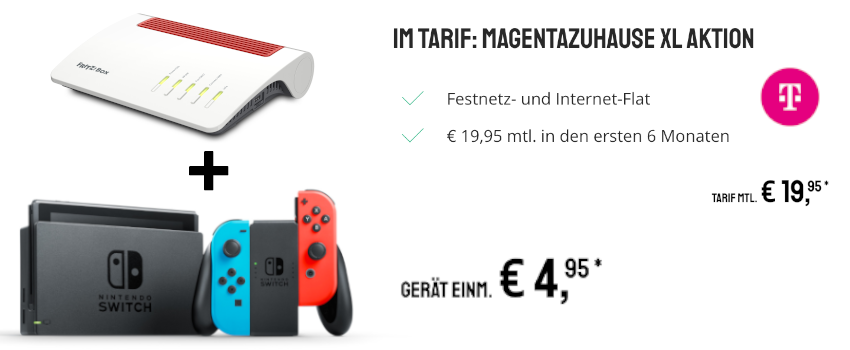 Nintendo Switch (neue Version) + FRITZ!Box 7590 AX im Telekom Magenta Zuhause XL Tarif für 42€/Monat – VDSL Internet  &amp; Festnetz-Flatrate