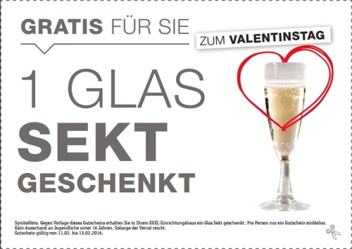 1 Glas Sekt Geschenkt zum Valentinstag im XXXL Einrichtungshaus