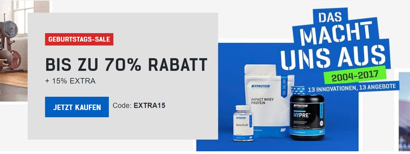 15% Geburtstagsrabatt auf ausgewählte Artikel von MyProtein - z.B. 5.000g Impact Whey ab 42€