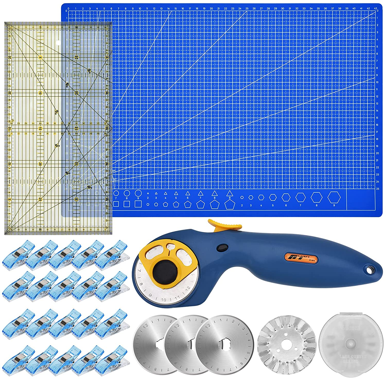 Leefenqui Schneidematten-Set A3 für 14€ – mit Rollschneider, 45 mm Ersatzklingen, Patchwork-Lineal &amp; Klammern