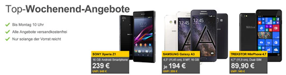 Günstige Smartphones bei Allyouneed - z. B. Samsung Galaxy A3 für 189€ oder Sony Xperia Z1 für 234€