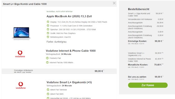 Vodafone Internet & Phone Cable 1000 + Vodafone Smart L+ Gigakombi (+5) + Apple MacBook Air (2020) 13,3" für 116,97€/Monat – Telefon- & Internetanschluss, Mobilfunkvertrag mit 20GB LTE, Allnet- & SMS-Flat