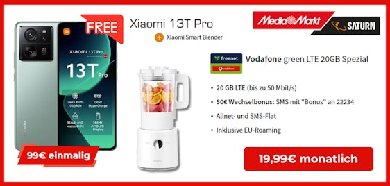 Noch günstiger! 👉 Xiaomi 13T Pro + Smart Blender für 49€ einmalig - mit 20GB LTE Telekom-Allnet für 19,99€ mtl.