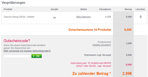 10 Fotoabzüge in 20x30 cm (ungefähr DIN A4) für 2,99€ inkl. Versand