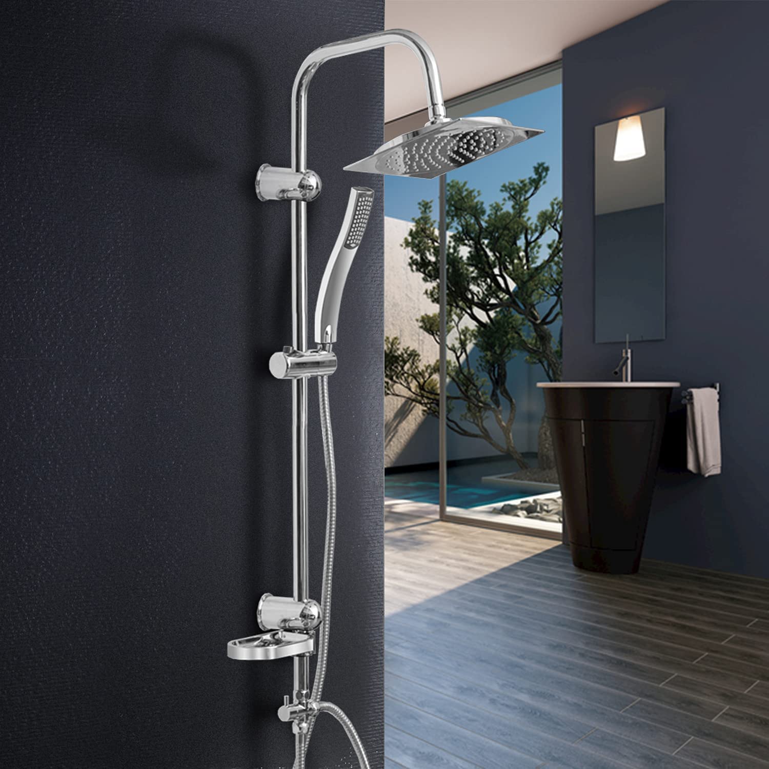 EINFEBEN Edelstahl Duschgarnitur mit höhenverstellbare Wandhalterung Verchromt Duschstange 3 Strahlarten, eckig 20x20cm