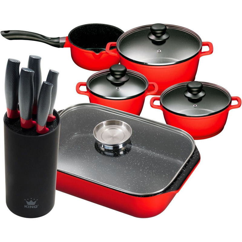 King Topf-Set, Aluminiumguss, (Set, 11-tlg., 4 Töpfe, 3 Deckel, Bräter, 1 Messerblock, 5 Kochmesser), Induktion, rot für nur 103,95€ statt 181,40€