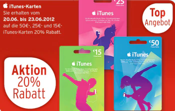 iTunes Karten mit 20% Rabatt im Juni 2012 bei Karstadt, Rossmann, Telekom Shop, Penny