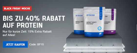 Cyberweek bei MyProtein 40% auf Proteine + 15% Extra Rabatt - z.B. 5.000g MyProtein Impact Whey Geschmacksneutral ab 41,45€