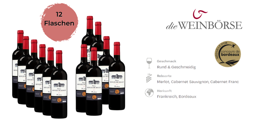 12 Flaschen Château Moulin de Mallet Cuvée la Devise (2021) für 59€ - Rotwein, Bordeaux, Frankreich
