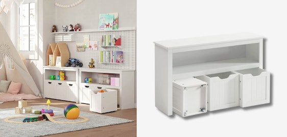 VASAGLE Spielzeugschrank für 62€ - weiß, MDF-Material, 102x30x60cm