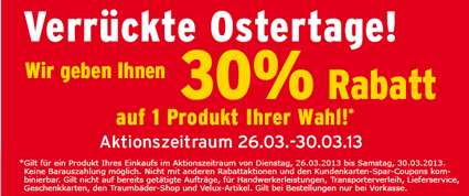 30% Rabatt beim Max Bahr Baumarkt + Tiefpreisgarantie bei Hornbach/Bauhaus