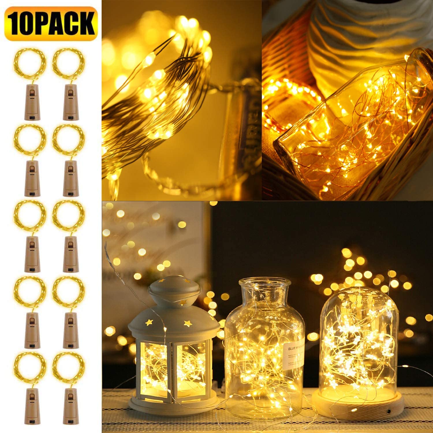 Hengda 10 Stück Flaschenlicht, Warmweiß 20 LEDs 2M led Lichterkette Innen mit Kork Schnurlicht