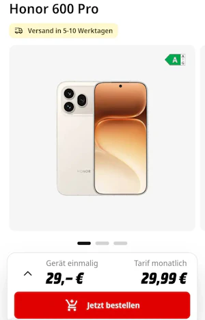 Tarif eff. gratis! Honor 600 Pro für 29 € einmalig & 29,99 € / Monat mit 100 GB Allnet