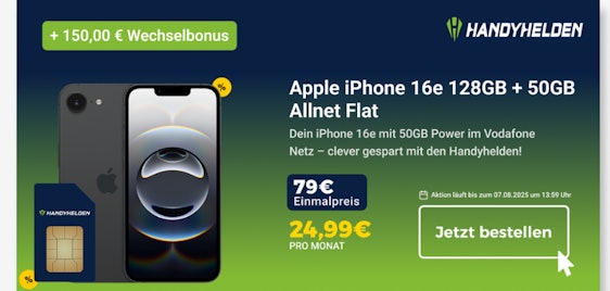 Heute letzter Tag ⏱️ Apple iPhone 16e für 79€ im 50GB Vodafone Tarif für eff. 3,40€ mtl.