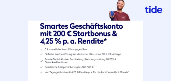 200€ Bonus 🤩 Kostenloses TIDE Geschäftskonto + 4,25% p.a. Tagesgeldzinsen 🏦