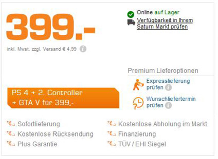 Sony PlayStation 4 500GB + 2. Controller + GTA V für PS4 für 394€ durch Newlettergutschein*UPDATE2*