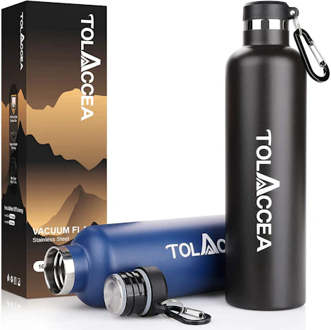 Tolaccea Thermo-Trinkflasche für 9€ - aus Edelstahl, 1l Fassungsvermögen, in Blau & Schwarz erhältlich