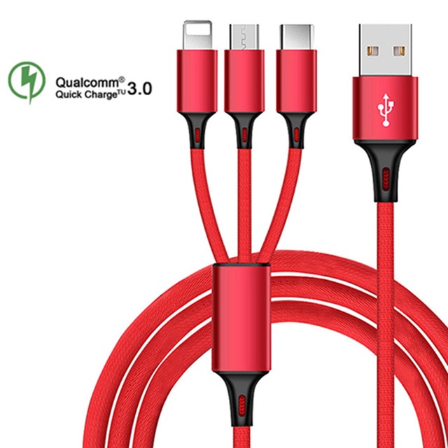 3 in 1 USB Ladekabel (USB-C, Micro-USB, Lightning) in Schwarz / Blau / Rot [Aliexpress]
