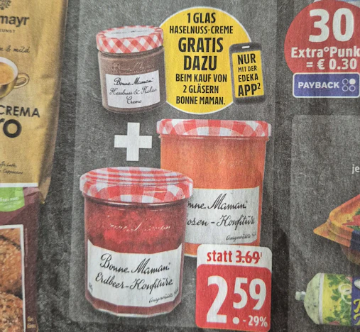 Edeka (Nordwest) App: Bonne Maman Haselnuss u. Kakaocreme gratis beim Kauf von 2 Gläsern Bonne Maman (evtl. regional)