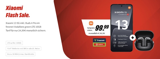 Eff. gratis + 97€ Ersparnis! 🤩 Xiaomi 13 5G + Buds 4 Pro mit 10 GB LTE50 Allnet für 24,99€ mtl. (Vodafone)