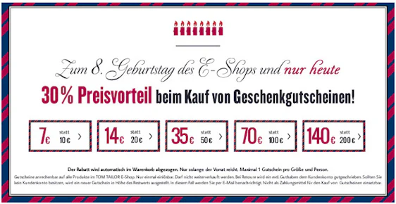 30% Rabatt auf Geschenkgutscheine bei Tom Tailor – Gutscheine mit Gutscheinen kaufen und kombinieren *UPDATE*