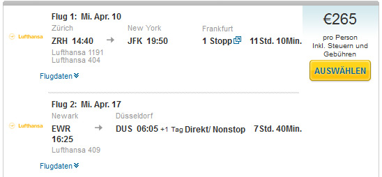 Zürich - New York - Frankfurt für ~265€ mit Lufthansa