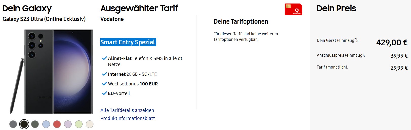 Mit 100€ Wechselbonus! Samsung Galaxy S23 Ultra (1TB) für 429€ + Vodafone Smart Entry Spezial für 29,99€ monatl. - 20 GB 5G/LTE, Allnet- &amp; SMS-Flat