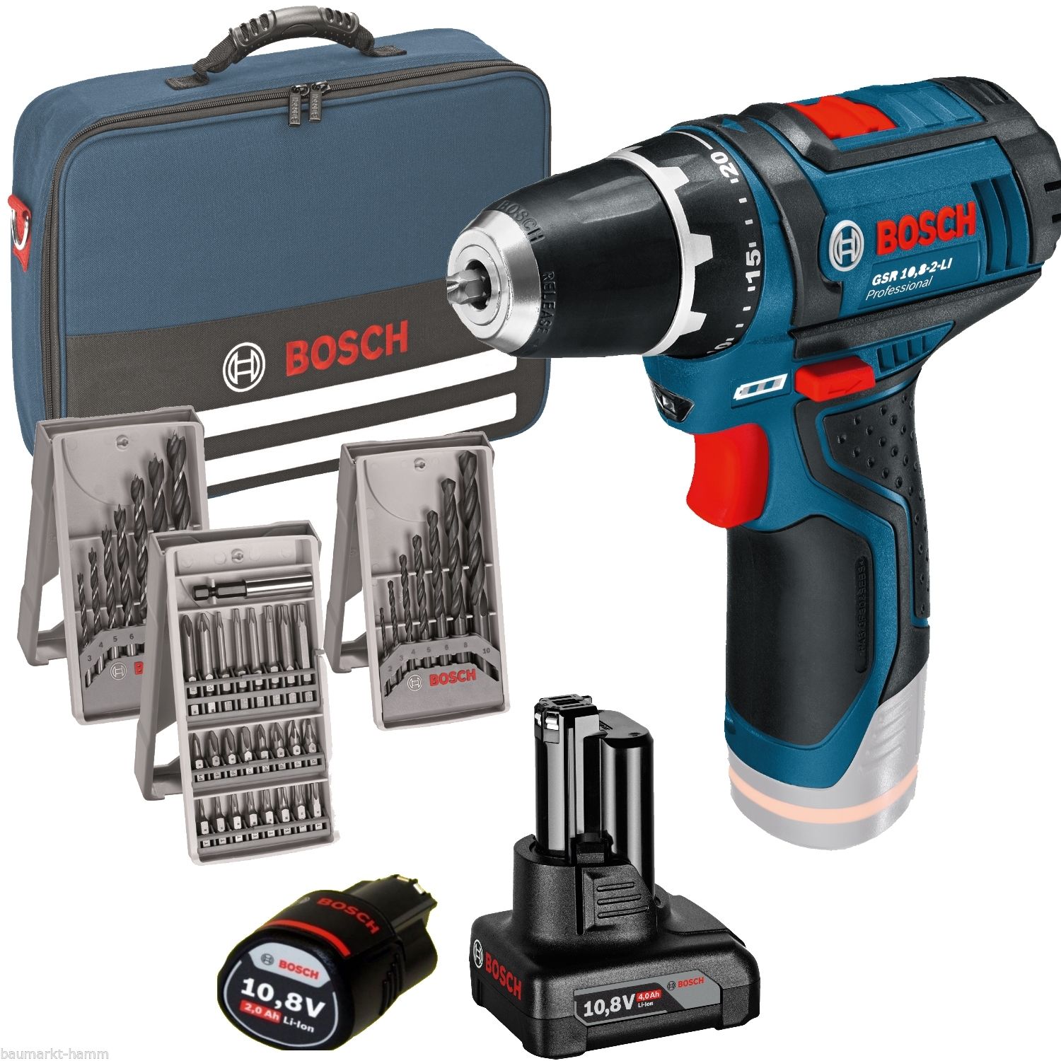 BOSCH Akkuschrauber GSR ( 10,8 2-Li 1x 2,0 + 1 x 4,0 Ah Akku ) + Tasche für 100€