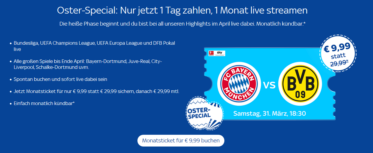 Sky Oster Special: WOW Live-Sport Abo (ehem. Sky Supersport Ticket) für 9,99€ - für Neukunden