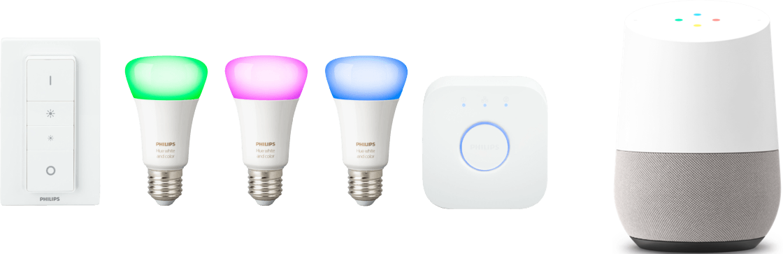 Philips Hue White &amp; Color Ambiance E27 Starter-Kit &amp; Google Home für 199€ - drei dimmbare Lampen der 3. Generation, Bridge &amp; smarter Lautsprecher