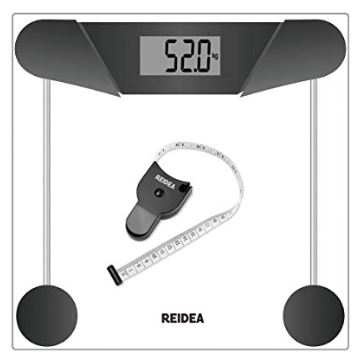 REIDEA Digitale Personenwaage / 5kg-180kg, Slim Design, mit Großem LCD-Display, Inkl. Maßband